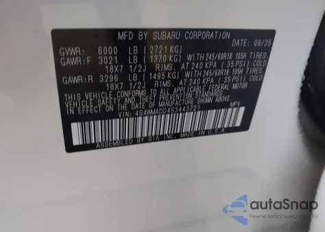 2025 Subaru Ascent Premium 7-Passenger z USA, uszkodzony, nr VIN 4S4WMADD4S3443721